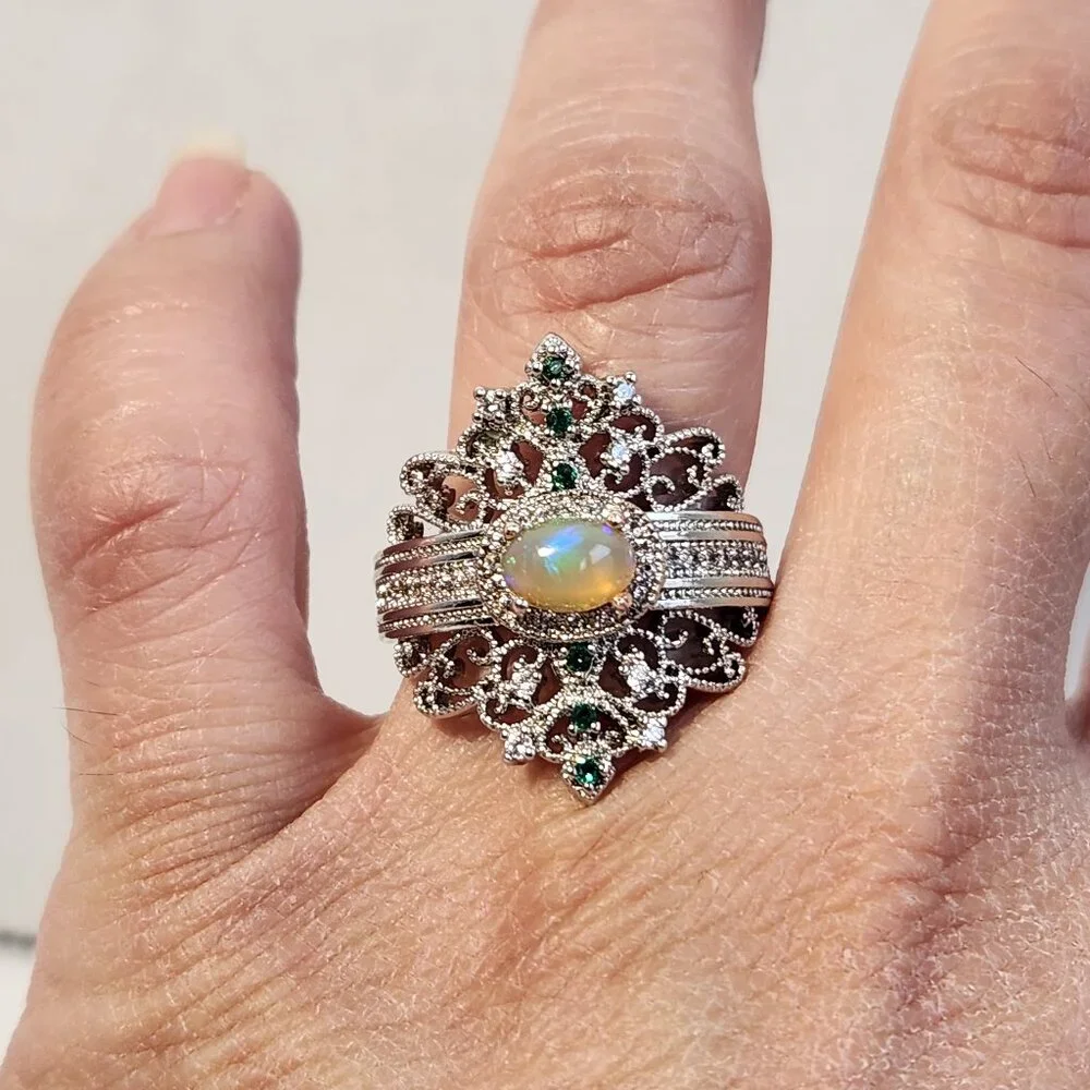 NIB 925 Art Deco Natural Opal & Tsavorite Accent Ornate Scroll Ring Sz 8.5 - Picture 4 of 12